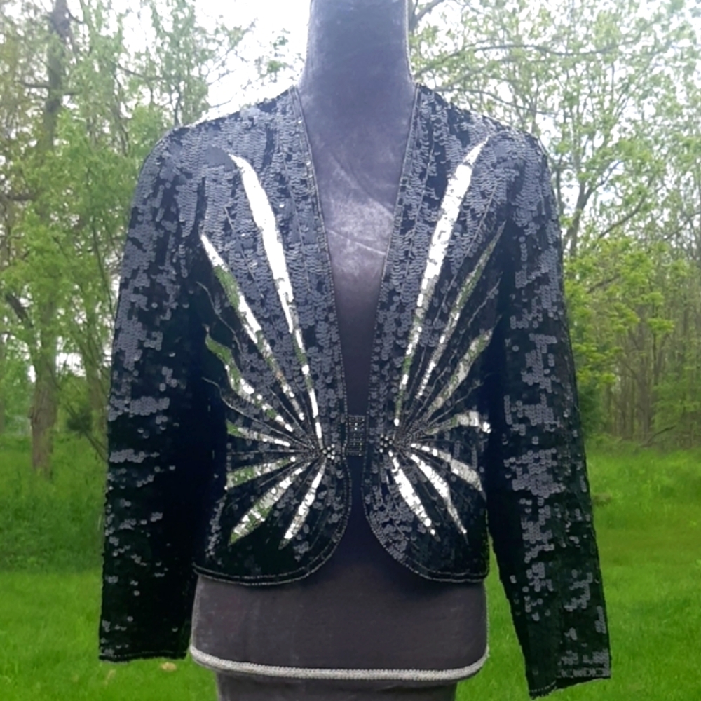 VINTAGE 70's Black and Silver Sequin Blazer with Wing Design